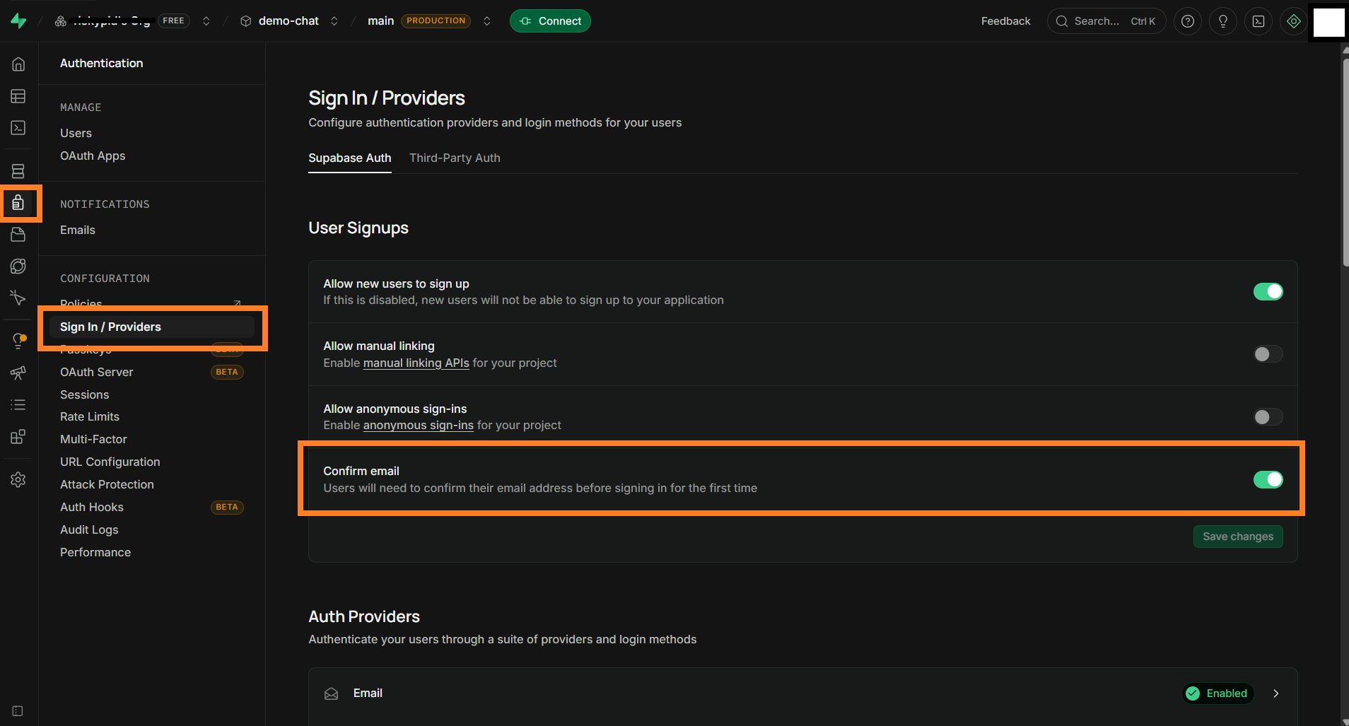 Disable email verification Supabase dashboard disable email verification