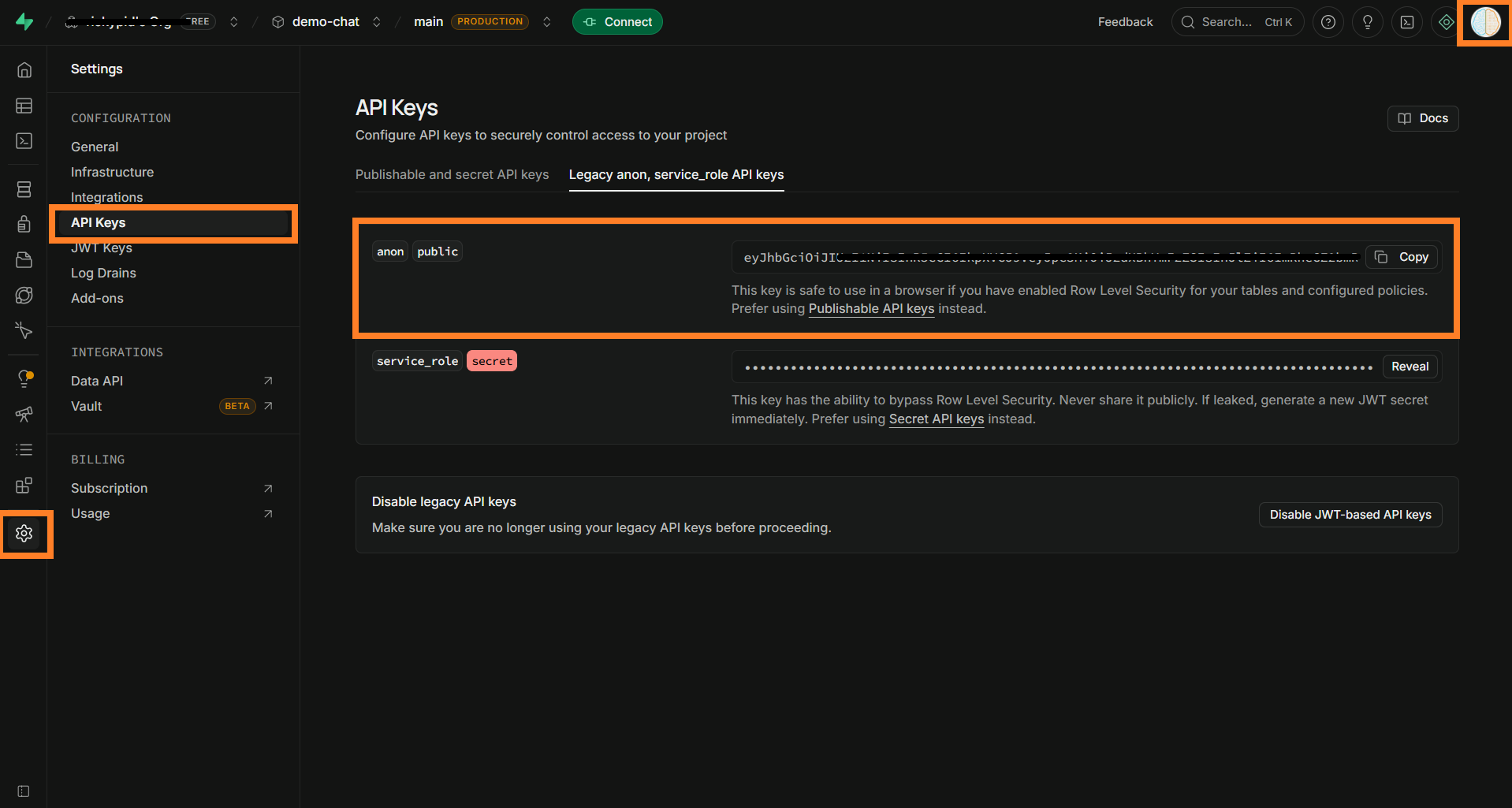 Database info Supabase dashboard database info
