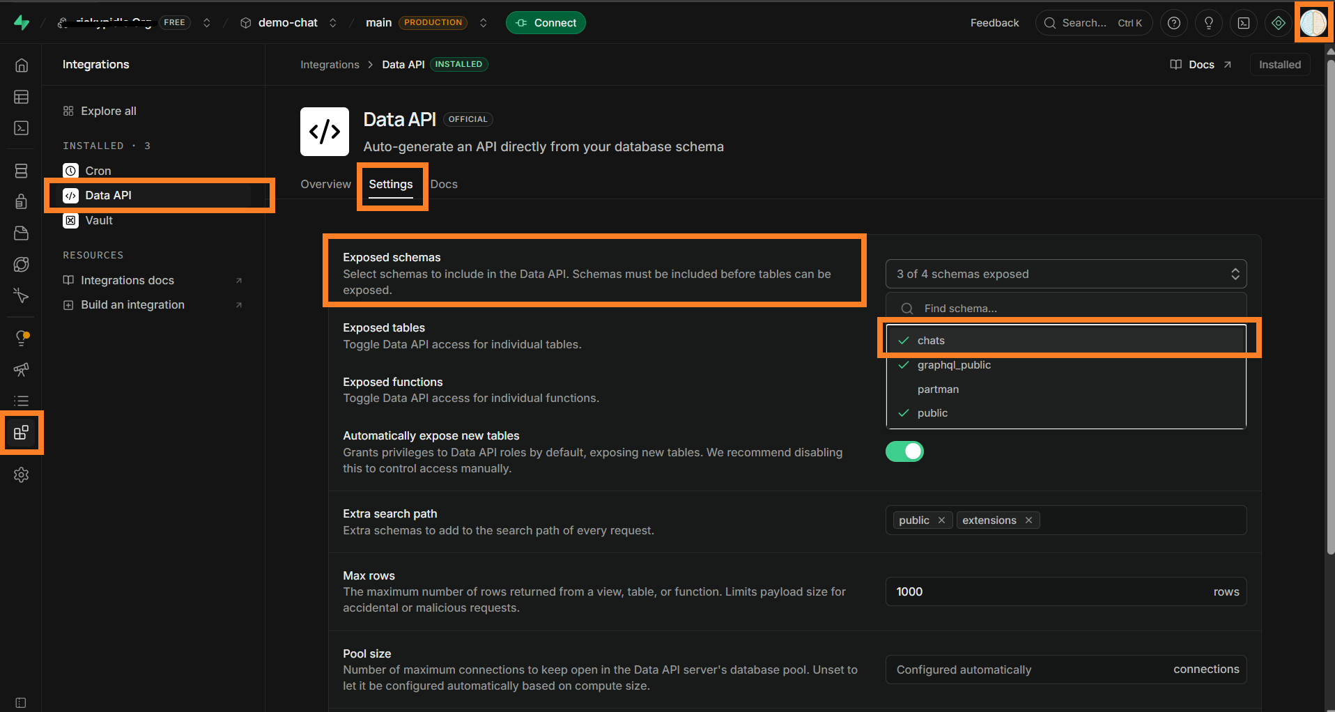 Schema exposure setting Supabase dashboard schema exposure setting